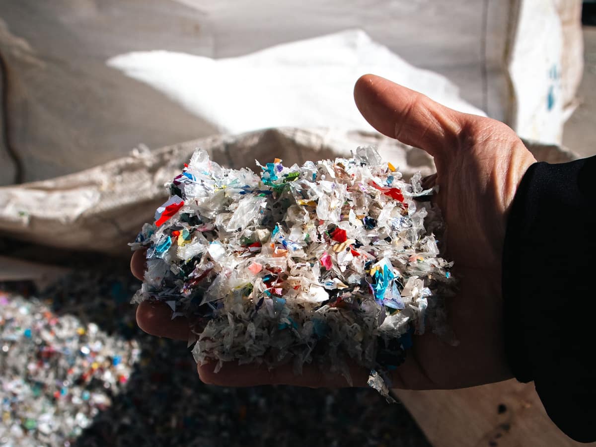 HDPE molido blanco (prueba): molido de plástico en la mano